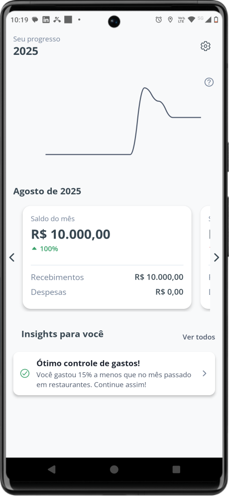 Dashboard do aplicativo Fehu em um celular